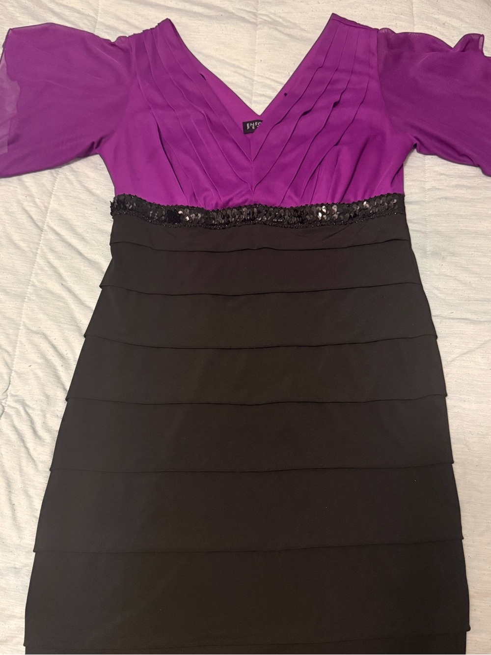 Enfocus Studio Violet and Black V-Neck Tiered Cocktail Dress